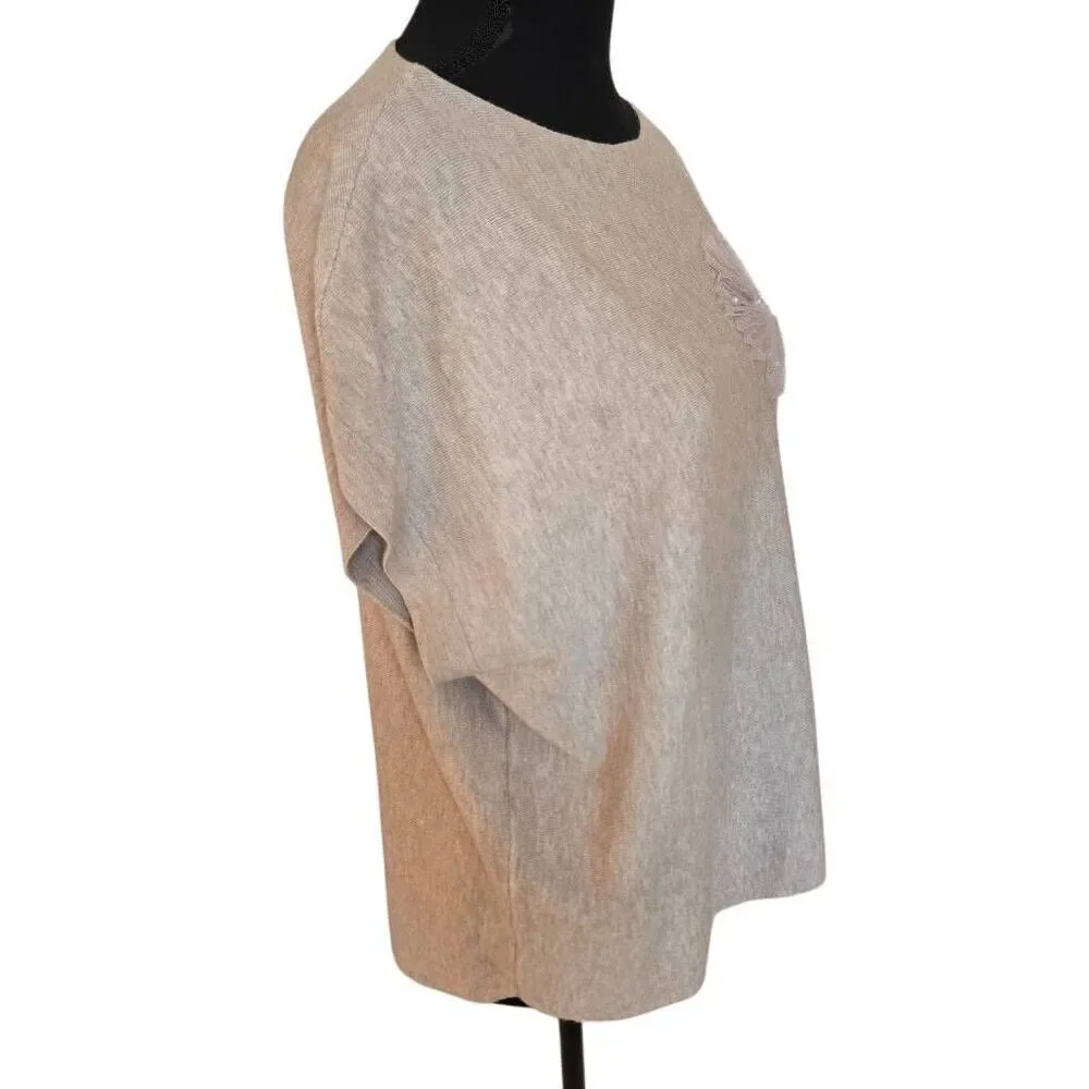LIV Milano Womens Pearl Embellished Floral Applique Knit Sweater Taupe Large